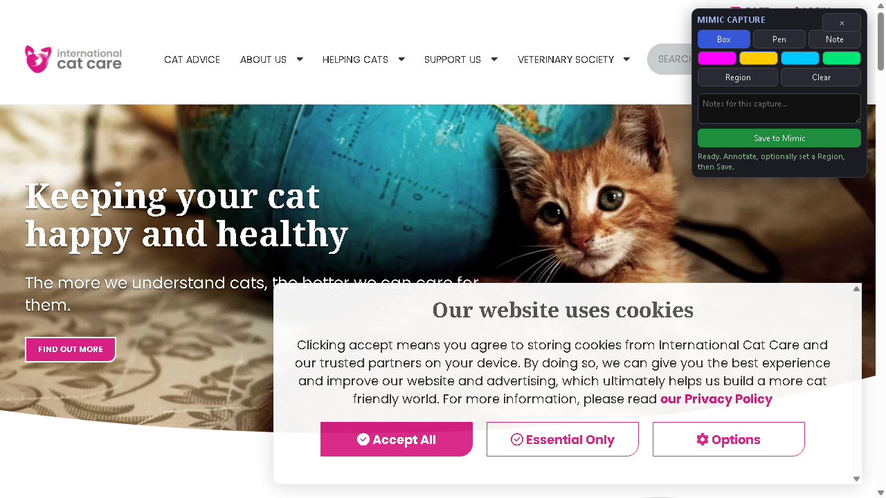 The Chrome plugin toolbar injected on the live icatcare.org page