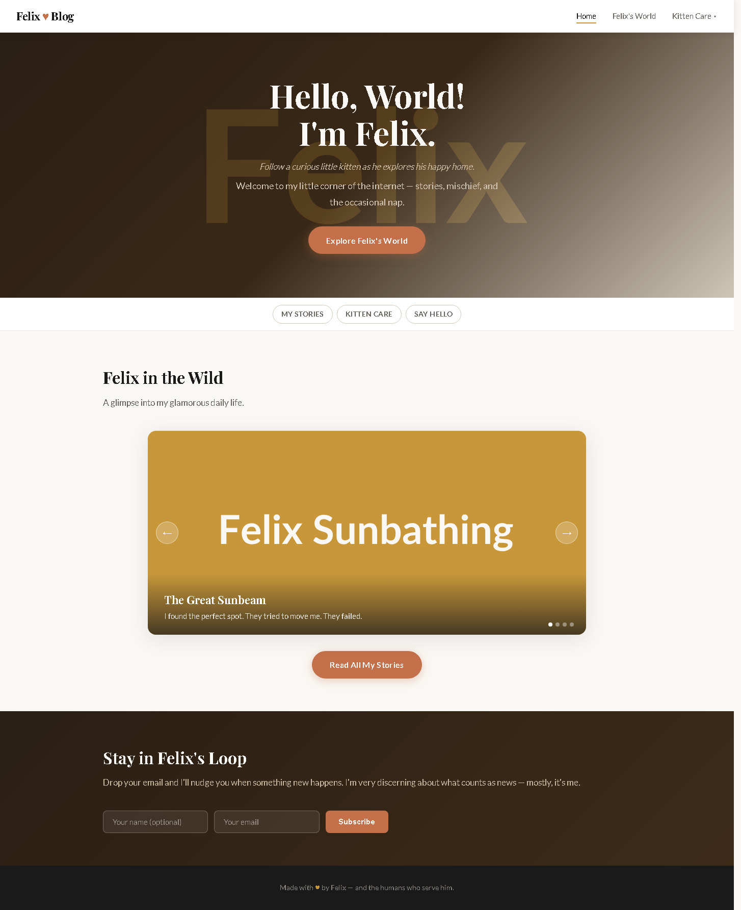 The live Felix blog home page served from the public URL